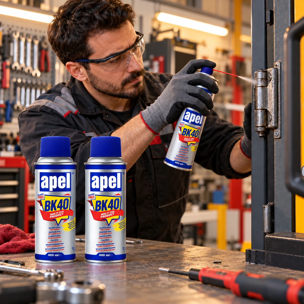 Apel BK40 Çok Amaçlı Aerosol Sprey 400 ml ile kapı menteşesine çok amaçlı yağlayıcı sprey uygulama